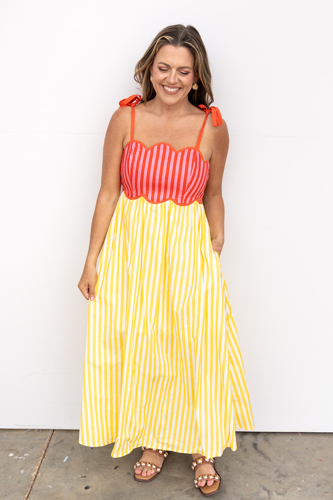Colorblock Striped Midi Dress - Yellow Orange