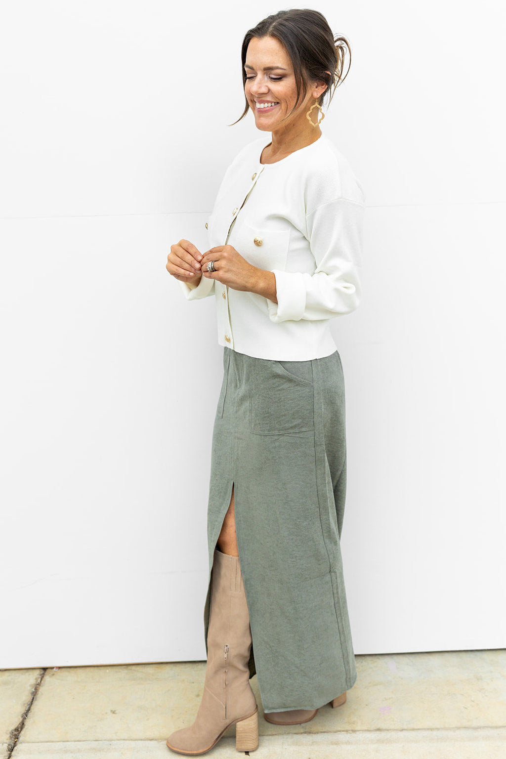 Olive You Suede midi Skirt