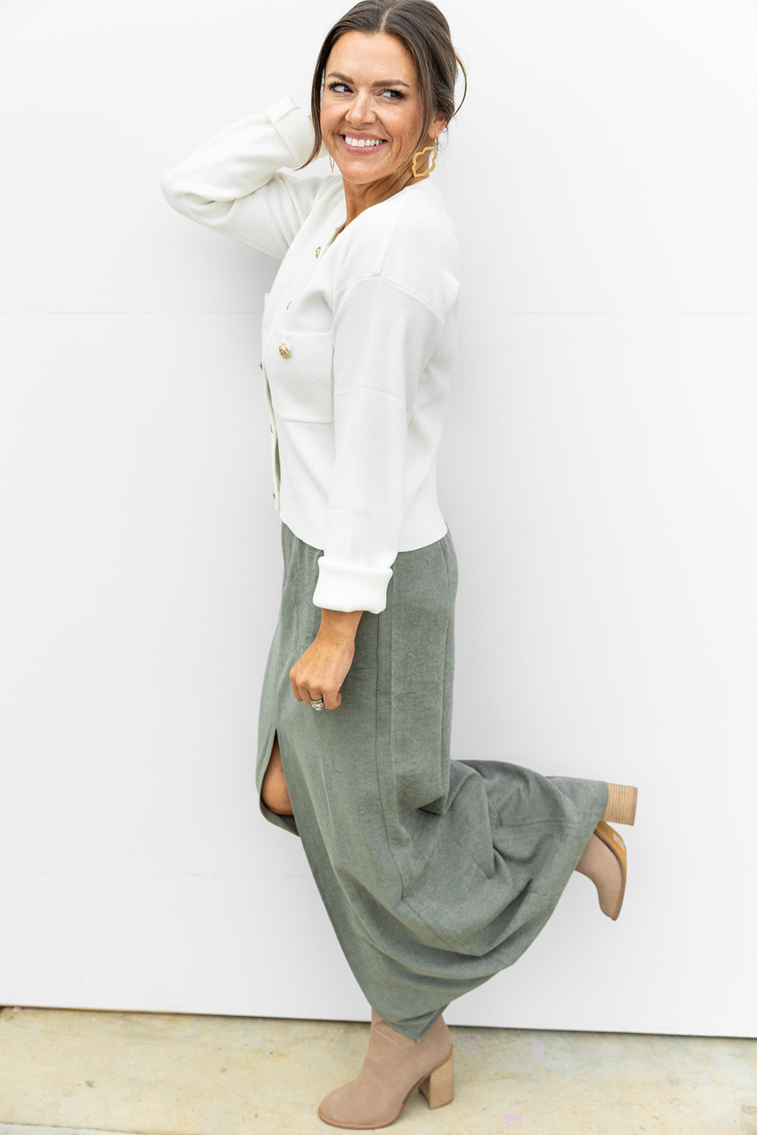 Olive You Suede midi Skirt