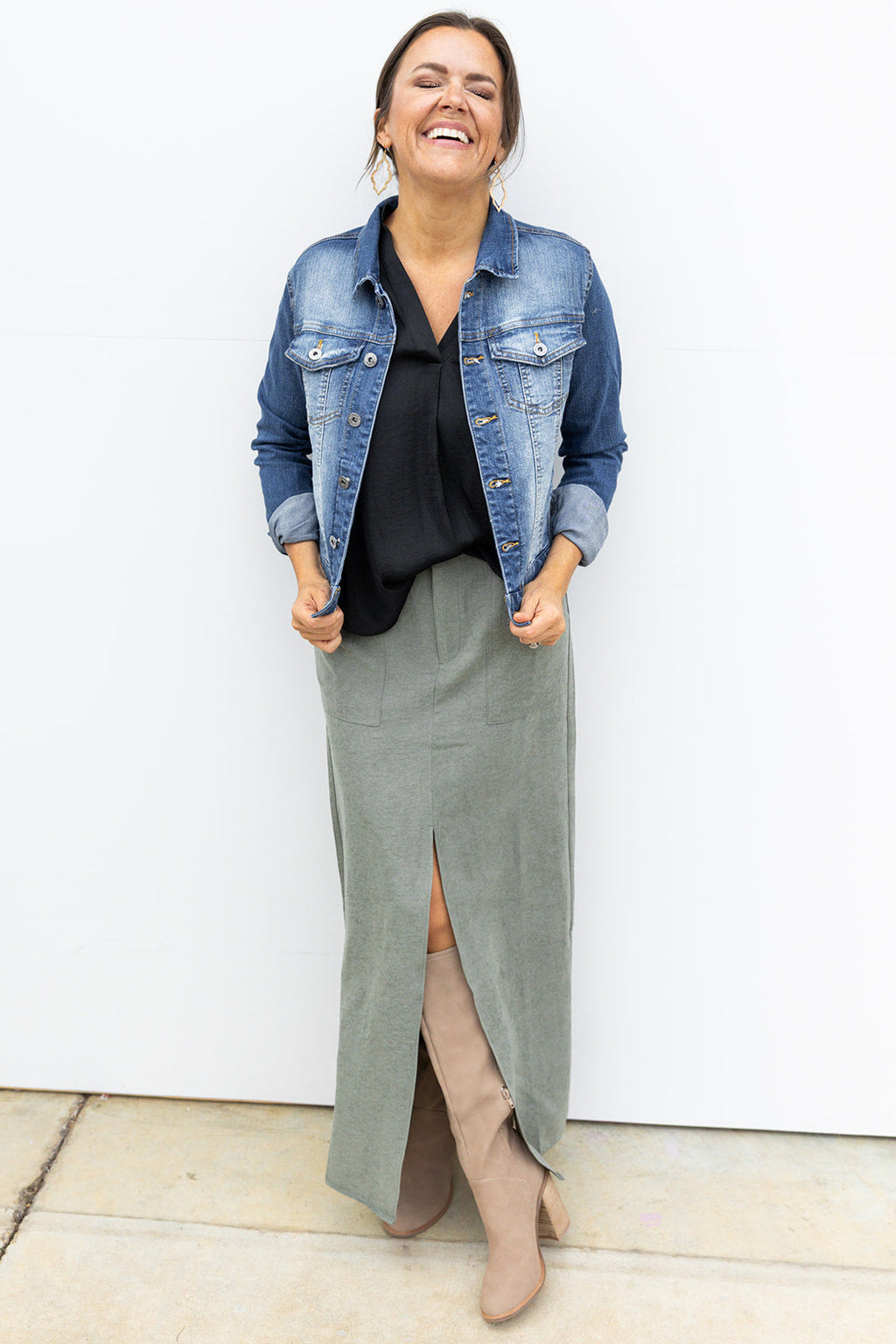 Olive You Suede midi Skirt